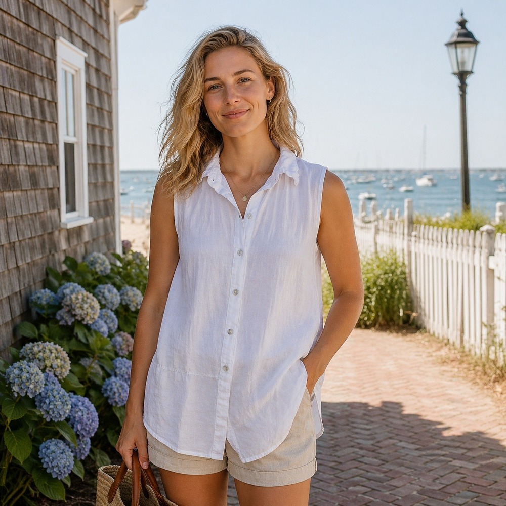 White Sleeveless Linen Button Down Tunic Top Longline Coastal Summer Shirt